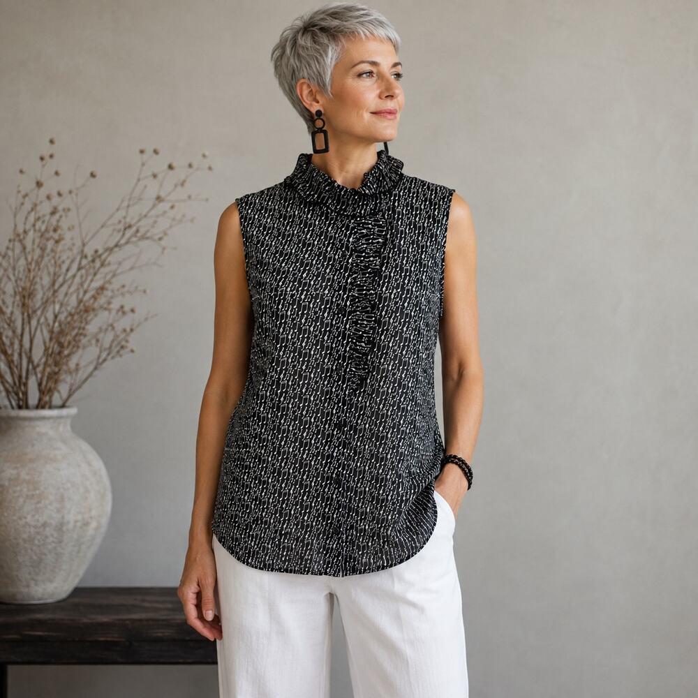 Cabi Black White Amazing with the Music Notes Sleeveless Top Small